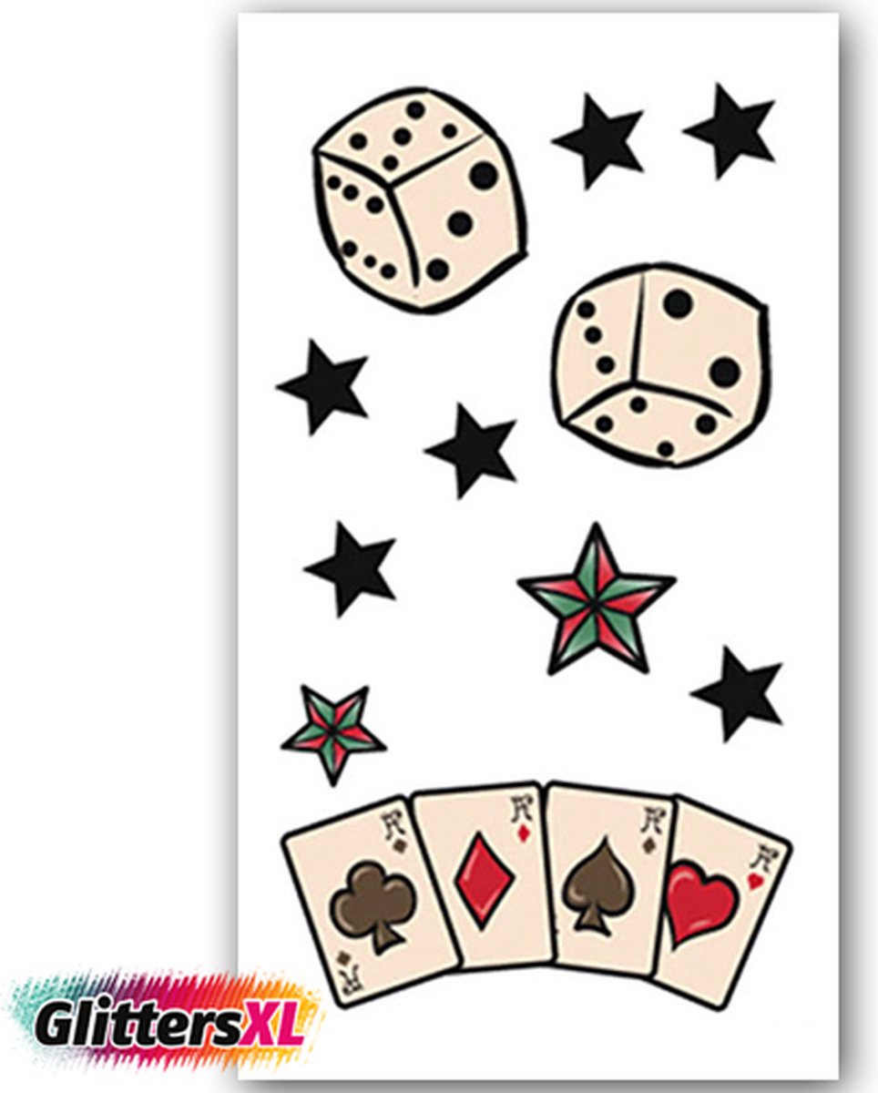 GlittersXL - Temporary Tattoo Casino/Speelkaarten/Dobbelstenen (10x6 cm) [Neptattoo - Tijdelijke tatoeage - Nep Fake Tattoos - Water overdraagbare festival sticker henna outfit tattoo - Glitter tattoo - Volwassenen Kinderen Jongen Meisje]